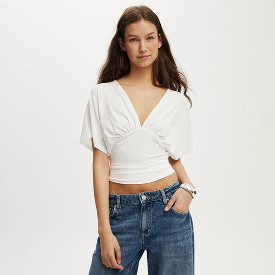 Damen elegantes Wickeloberteil mit voluminösenÄrmeln und tiefem V-Ausschnitt EB