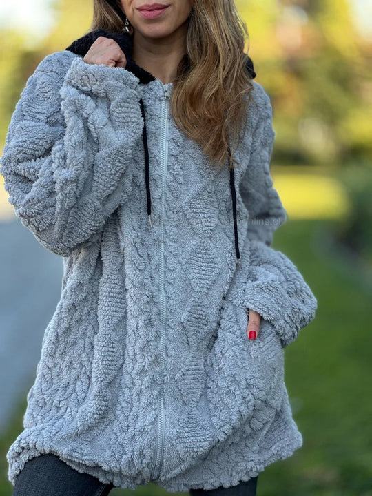Damen Übergroße Fleecejacke mit Kapuze und Reißverschluss EB