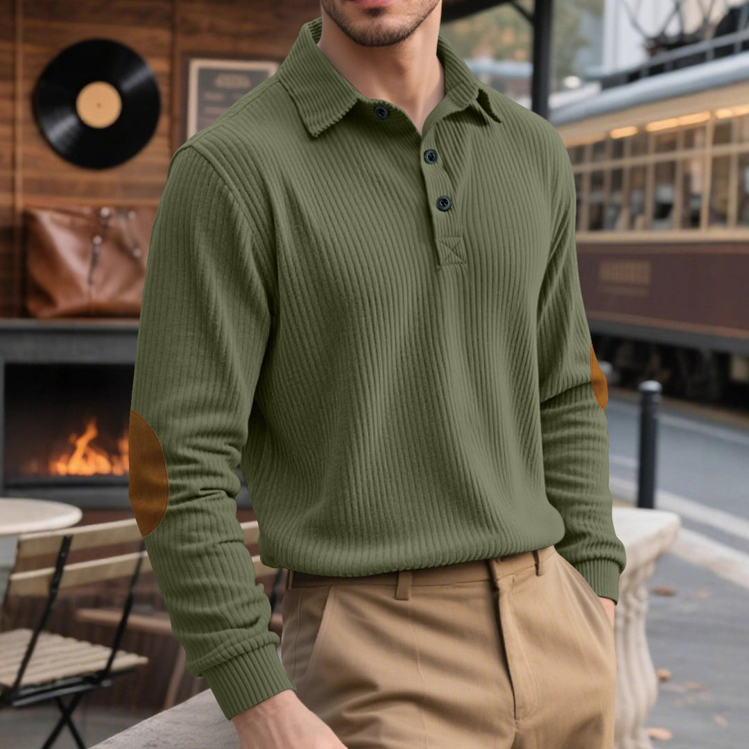 Herren nan gerippter Freizeit-Polo mit Kentkragen, kurzer Knopfleiste und Velours-Ellenbogenpatch EB