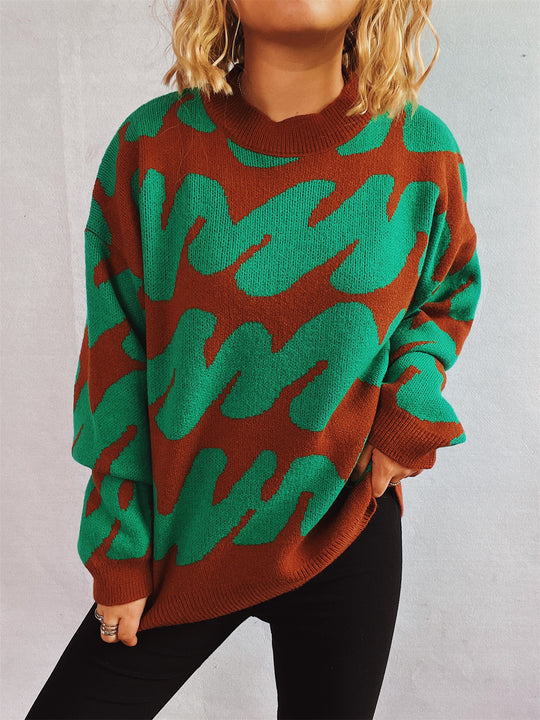Damen lässiger Pullover mit modernem Farbblockdesign und voluminösen Ärmeln EB