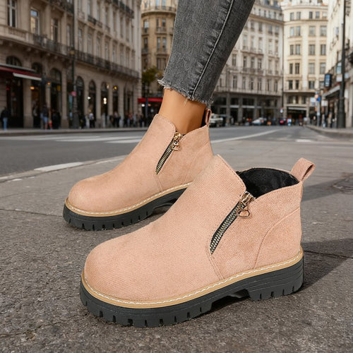 Damen nan knöchelhohe Wildlederimitat-Stiefelette mit seitlichem Reißverschluss, Zuglasche und robust profilierter Gummisohle EB