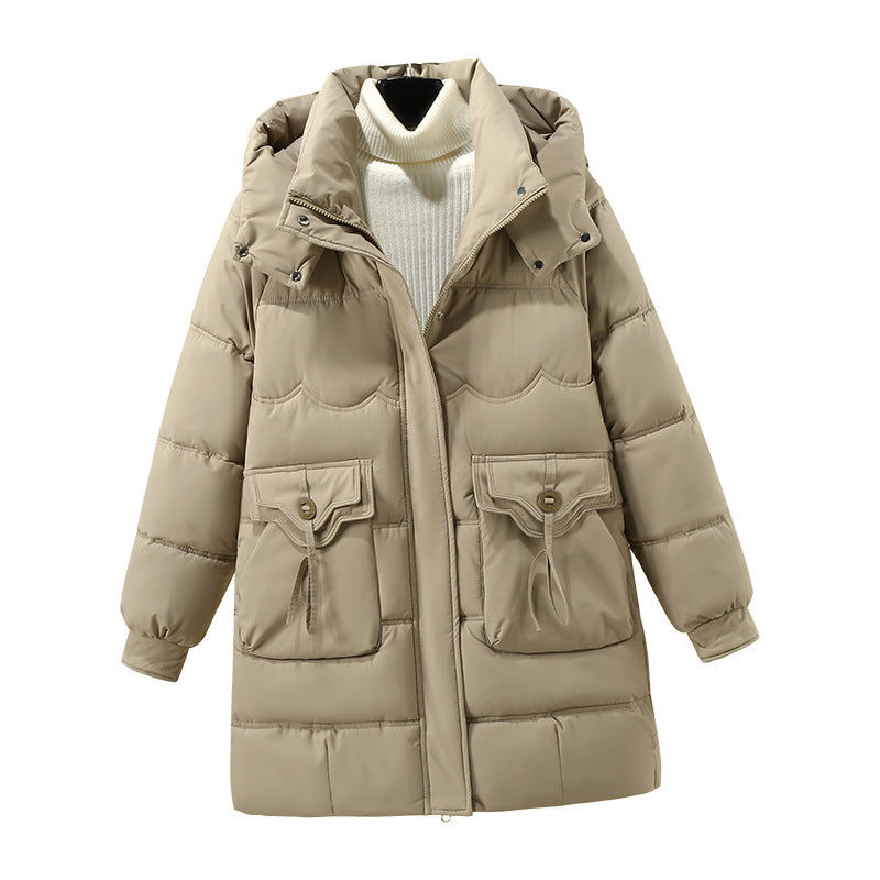 Damen Lange Pufferjacke mit praktischem Kapuzenkragen und großen Taschen EB