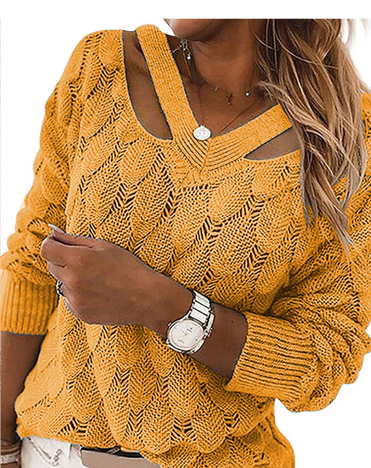 Damen lässiger Strickpullover mit V-Ausschnitt und einzigartigem Cut-out-Design EB