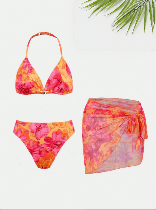 Damen Bikiniset mit floralem Design und leichtem Strandtuch EB