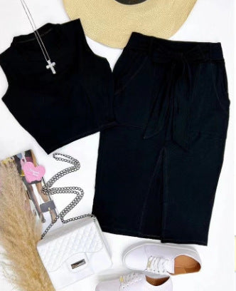 Damen Set aus tailliertem Crop-Top und Hochbund-Rock mit Gürtel EB