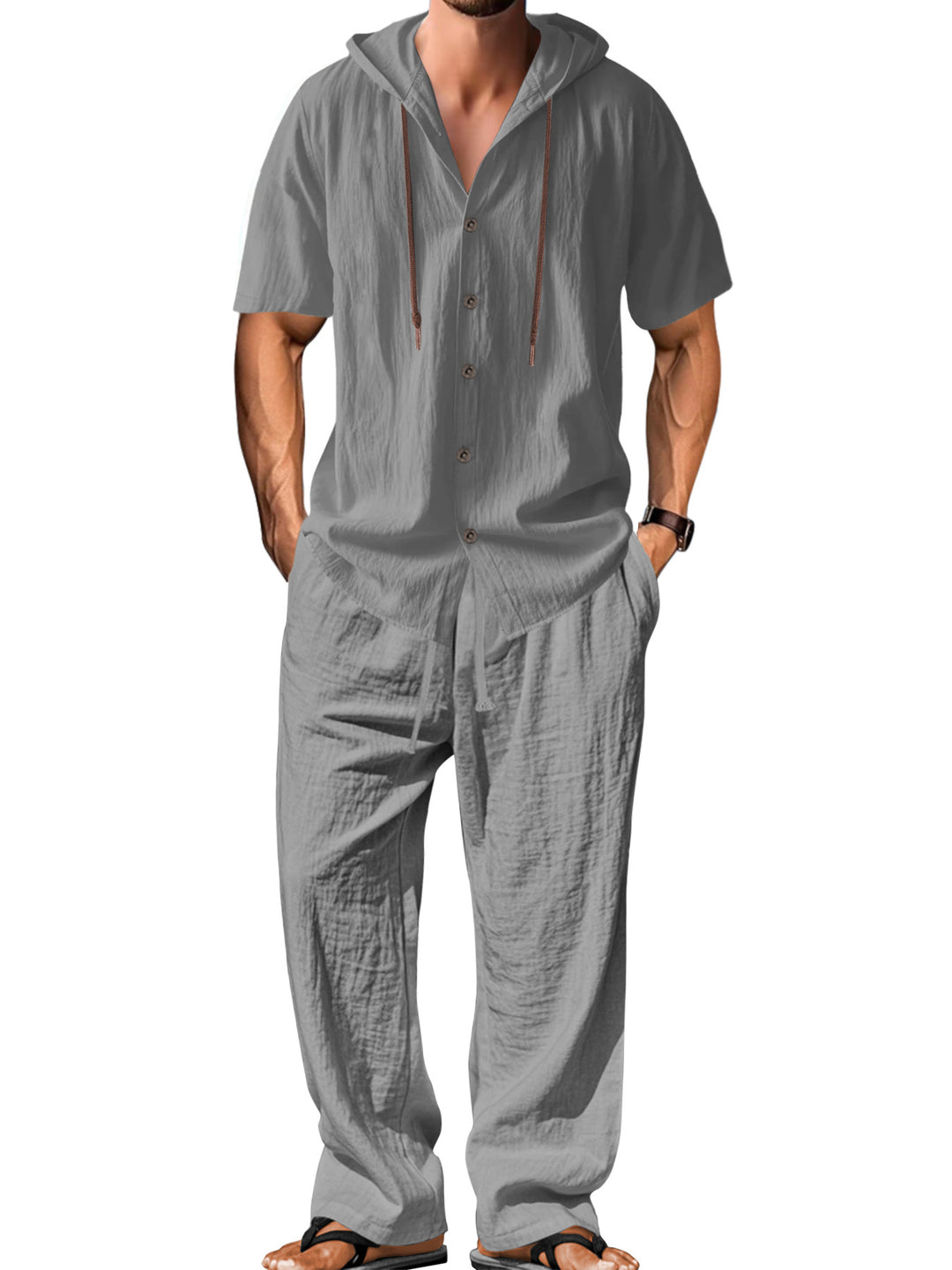 Herren nan luftiges Leinen-Lounge-Set mit kurzärmeligem Kapuzenhemd und gerader Relaxhose EB