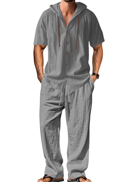 Herren nan luftiges Leinen-Lounge-Set mit kurzärmeligem Kapuzenhemd und gerader Relaxhose EB