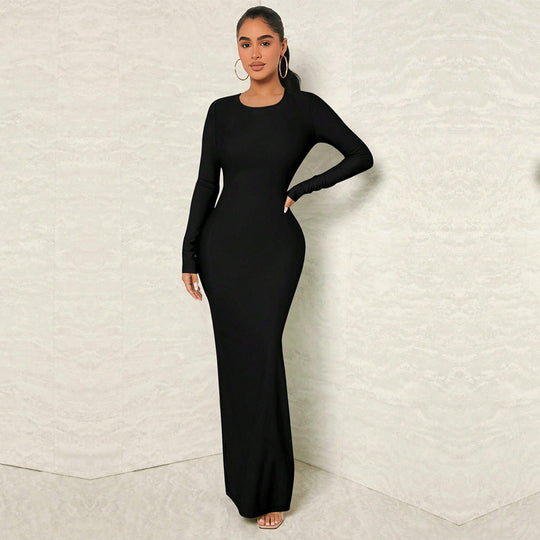 Damen figurnahes Maxikleid mit Rundhalsausschnitt, langem Arm und sculptender Taillenform Eichborn Berlin