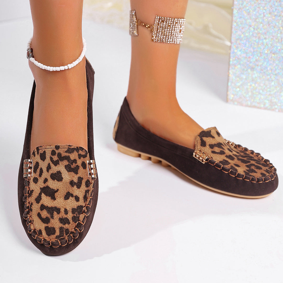 Damen nan Mokassin-Loafer mit Leopardenmuster, dekorativer Ziernaht und flexibler Noppenlaufsohle EB