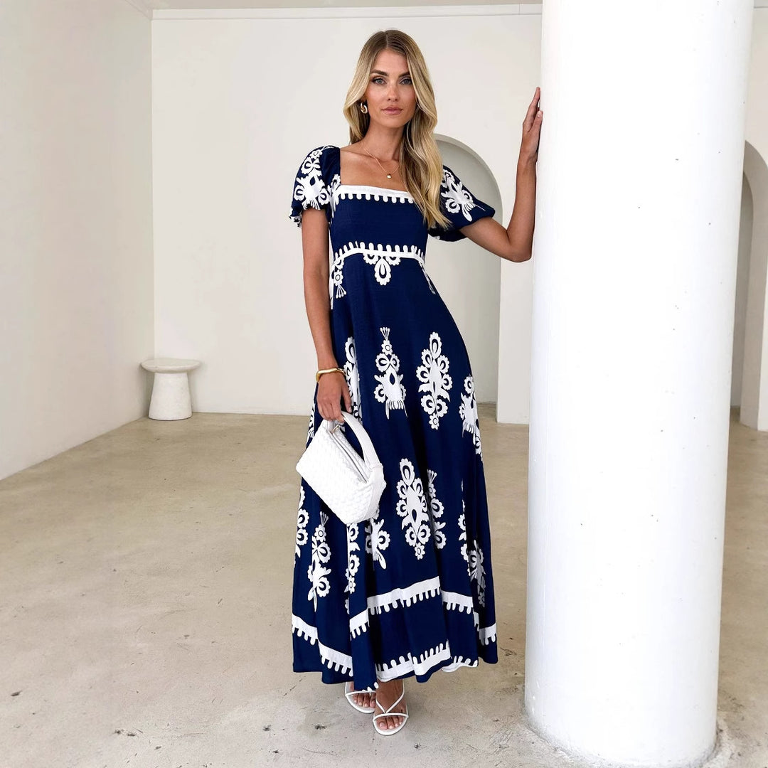 Damen Maxikleid mit elegantem quadratischen Ausschnitt und verspielten Puffärmeln EB