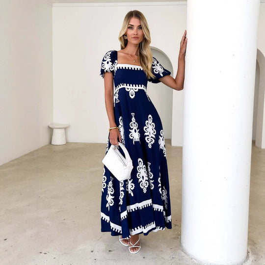 Damen Maxikleid mit elegantem quadratischen Ausschnitt und verspielten Puffärmeln EB