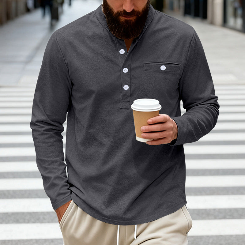 Herren nan langärmeliges Henley-Shirt mit Stehkragen, Brusttasche und dekorativer Knopfleiste EB