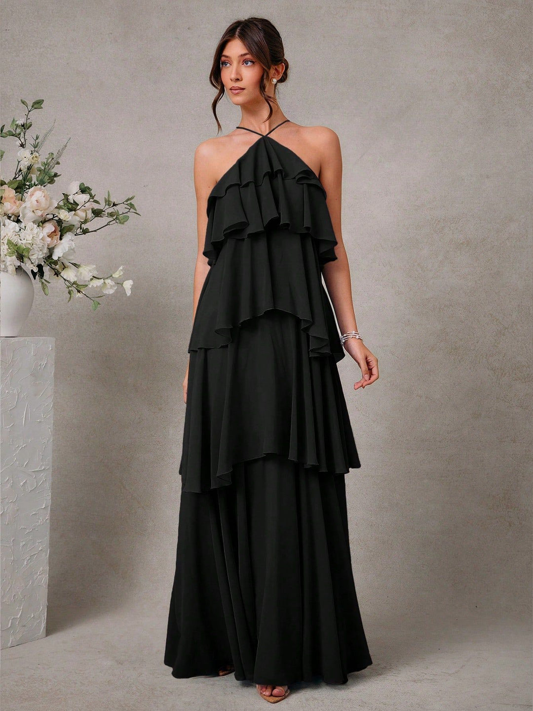 Damen Maxikleid mit voluminösen Rüschendetails und elegantem V-Ausschnitt EB