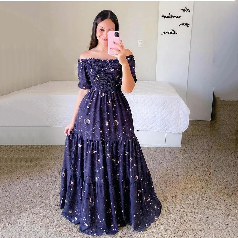 Damen Boho Maxikleid mit bezauberndem Mond- und Sternen-Motiv EB
