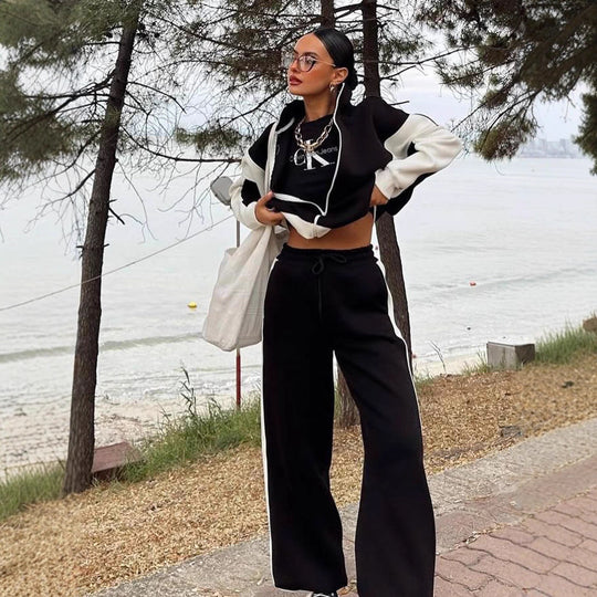 Damen Mehrteiliges Loungewear-Set mit Reißverschlussjacke und weiter Palazzohose EB
