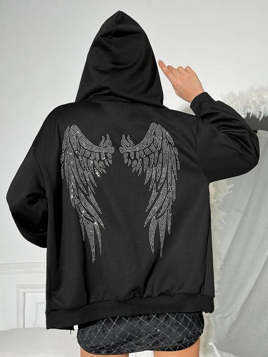 Damen nan Oversize Kapuzenpullover mit funkelndem Strass-Engelsflügel-Rücken EB