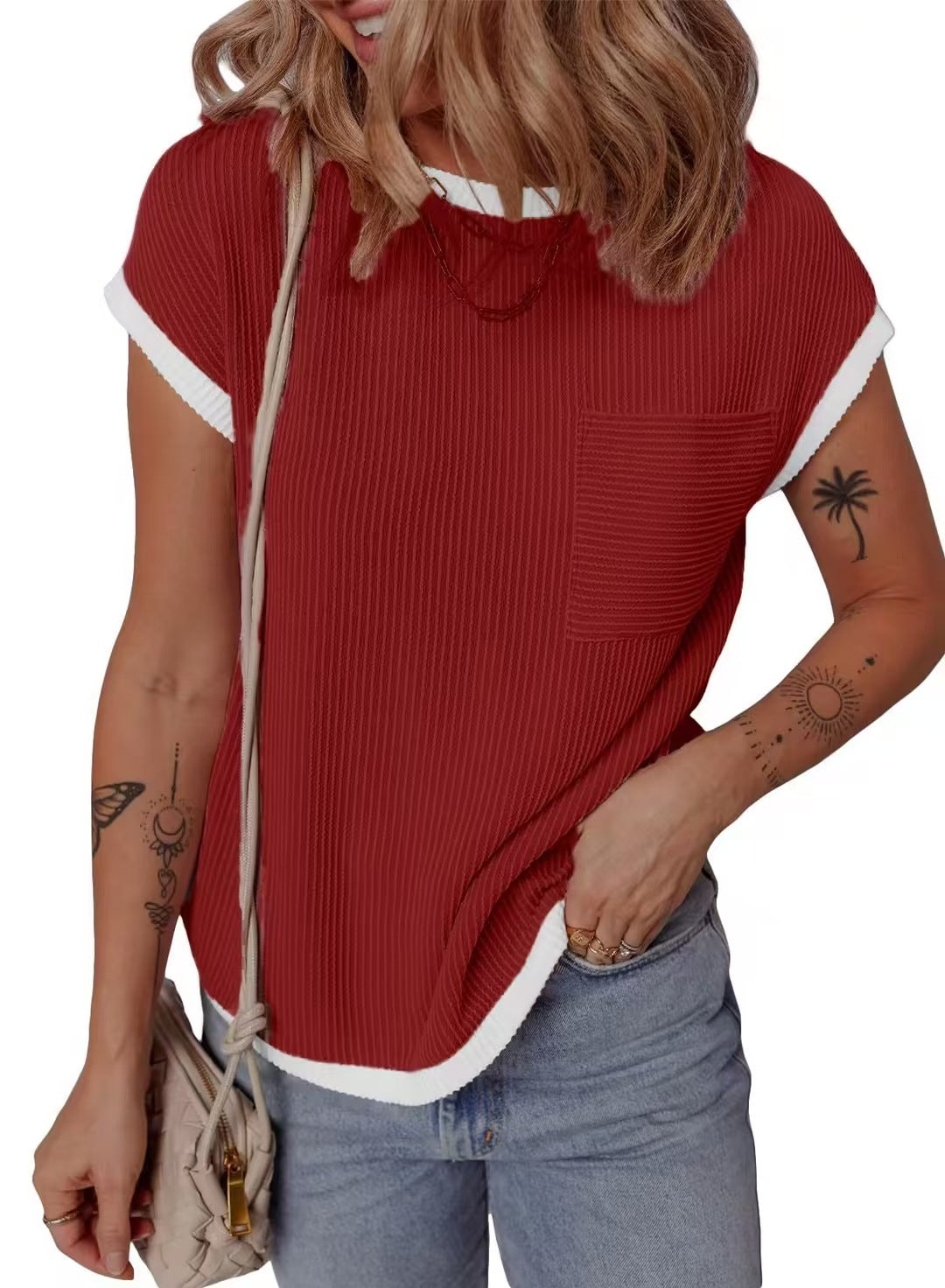 Damen modisches T-Shirt mit strukturiertem Material und Brusttasche EB