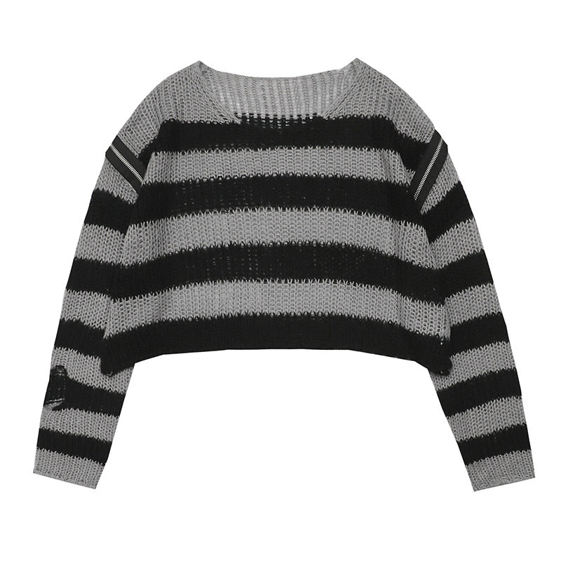 Damen lässiger Cropped Strickpullover mit Streifenmuster EB
