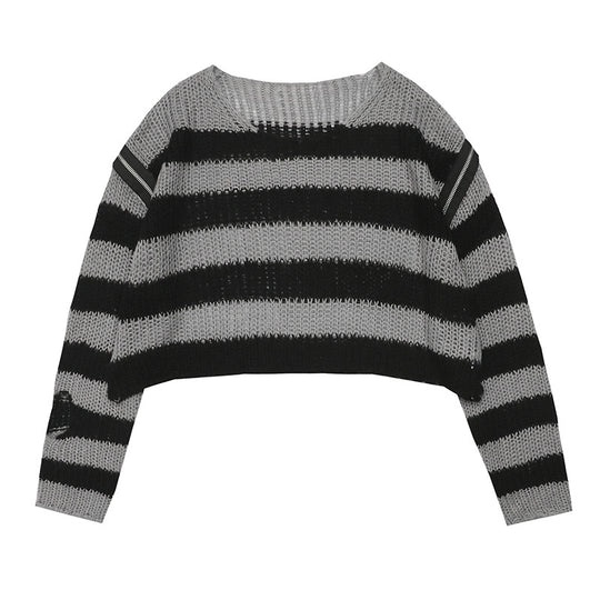 Damen lässiger Cropped Strickpullover mit Streifenmuster EB