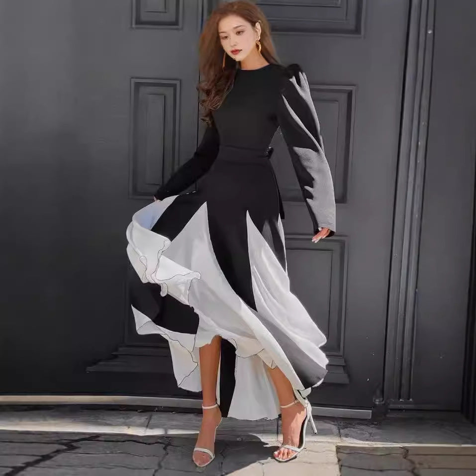 Damen Elegantes Langarmkleid mit Puffärmeln und Fließendem Saum EB