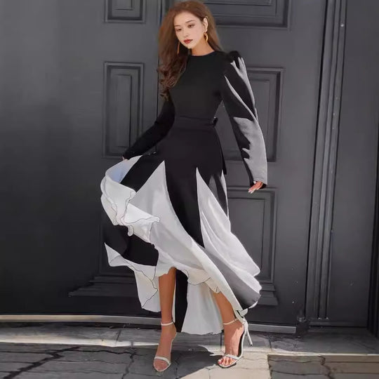 Damen Elegantes Langarmkleid mit Puffärmeln und Fließendem Saum EB