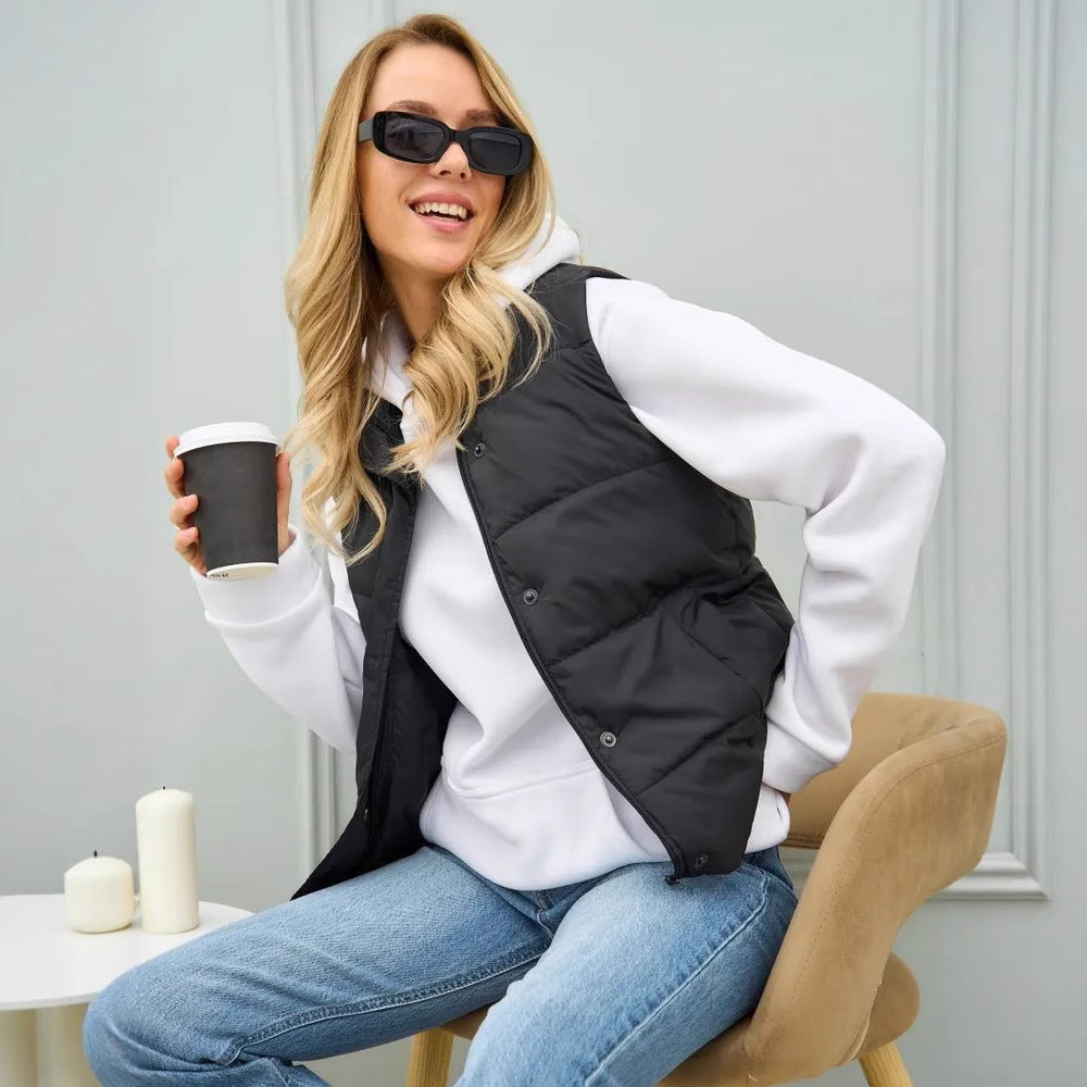 Damen elegante Steppweste mit hohem Kragen und praktischen Taschen EB