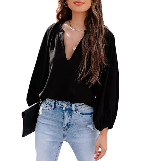 Damen elegante Bluse mit V-Ausschnitt EB