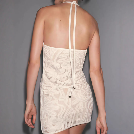 Damen Häkelkleid mit kontrastierenden Blütenmustern und raffinierten Spaghettiträgern EB