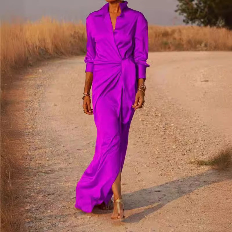 Damen Elegantes Wickel-Maxi-Kleid mit vielseitigem Kragen und seitlichem Schlitz EB