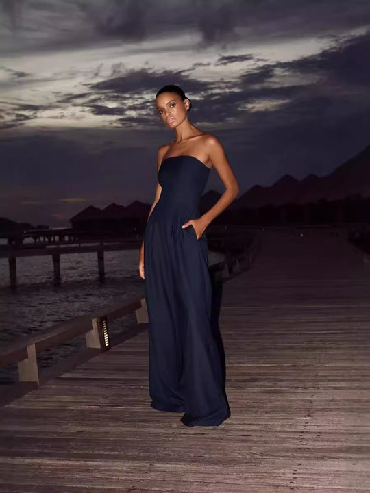 Damen trägerloser Jumpsuit mit weitem Bein und seitlichen Taschen EB