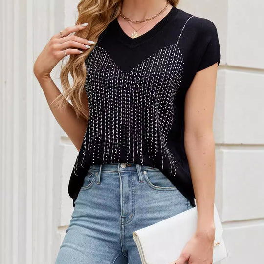 Damen Kurzarm Pullover mit schimmernden Strassdetails EB