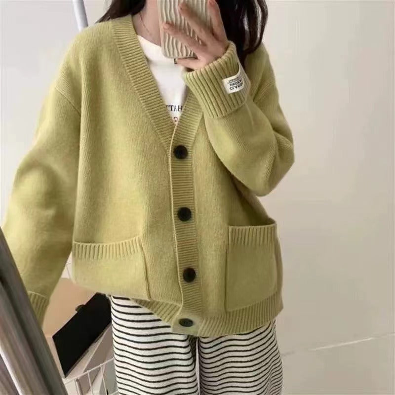 Damen Grob gestrickter Cardigan mit großen Taschen und tiefem V-Ausschnitt EB