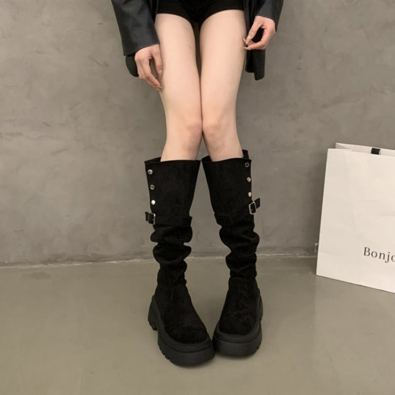Damen Elegante Overknee-Stiefel mit modischem Riemen und Knopfdetails EB