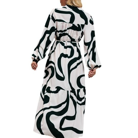 Damen Langarm Kleid mit raffiniertem Grafikdesign und elegantem Taillengürtel EB