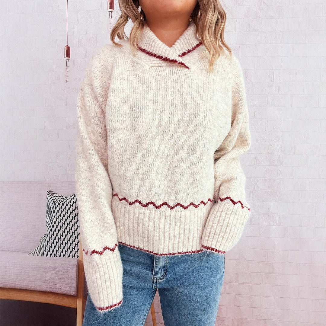 Damen lässiger Strickpullover mit modischem Kragen und fransigen Akzenten EB