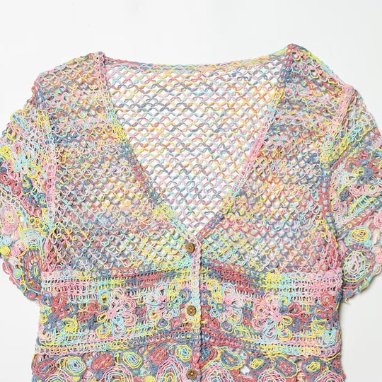 Damen Strickoberteil mit buntem Häkelmuster und zartem V-Ausschnitt EB
