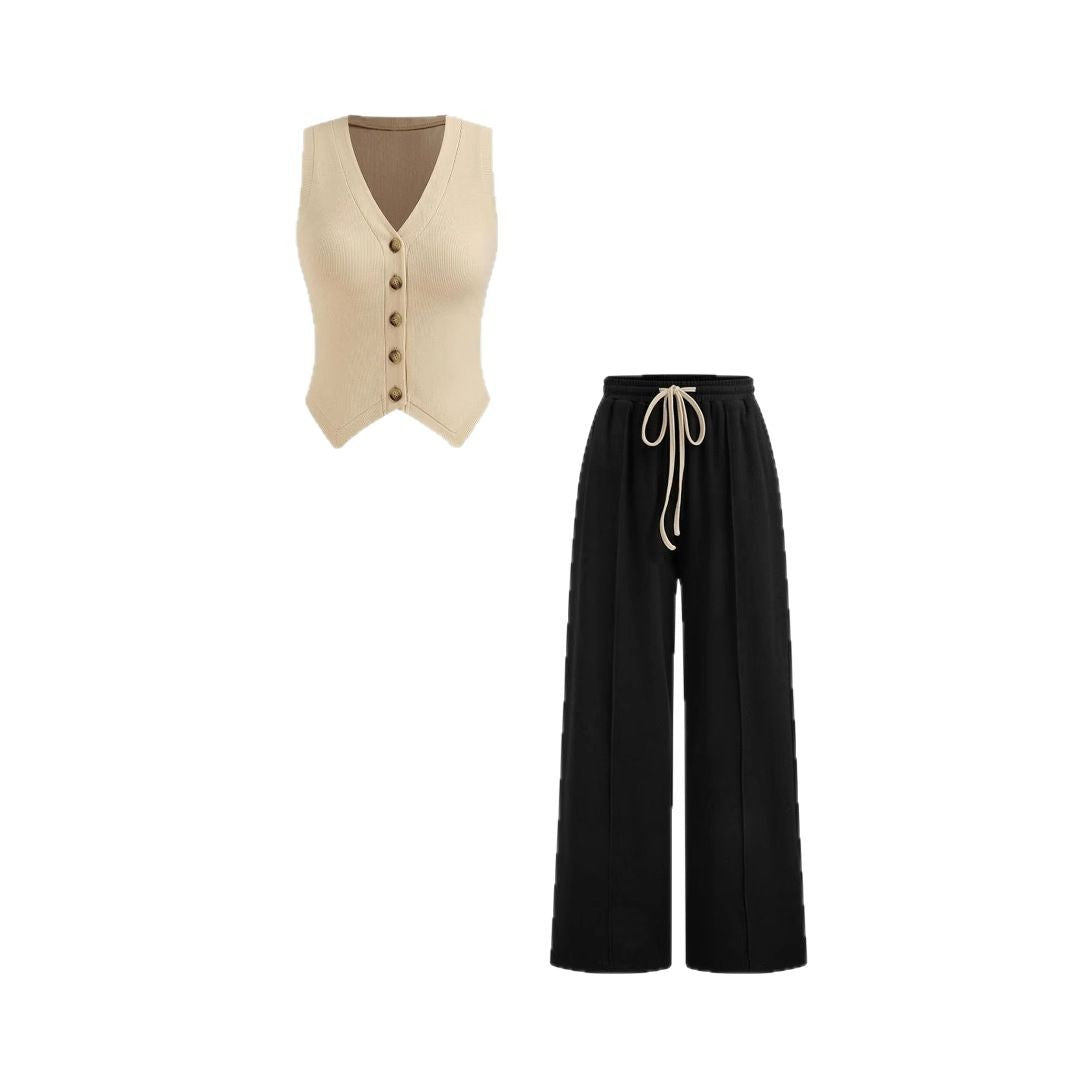 Damen lässiges Knopf-Top mit weitem Hose EB