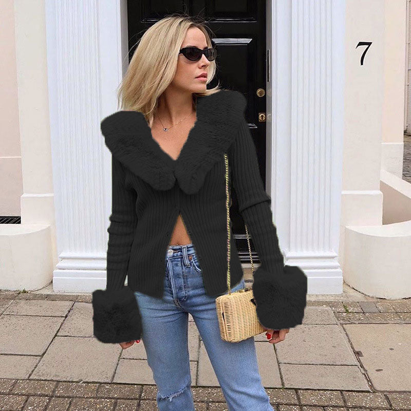 Damen Strickjacke mit luxuriösem Pelzkragen und modischen Puffärmeln EB