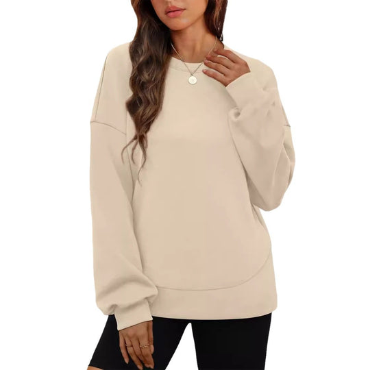 Damen nan lässiges Oversize Rundhals-Sweatshirt mit überschnittener Schulter gerundetem Saum und weichem Innenfutter EB