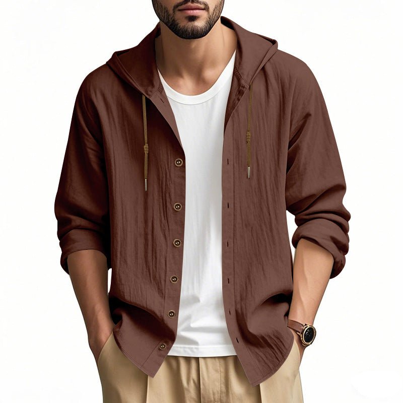 Herren nan leichtes Kapuzenhemdjacke aus Leinenoptik mit durchgehender Knopfleiste EB