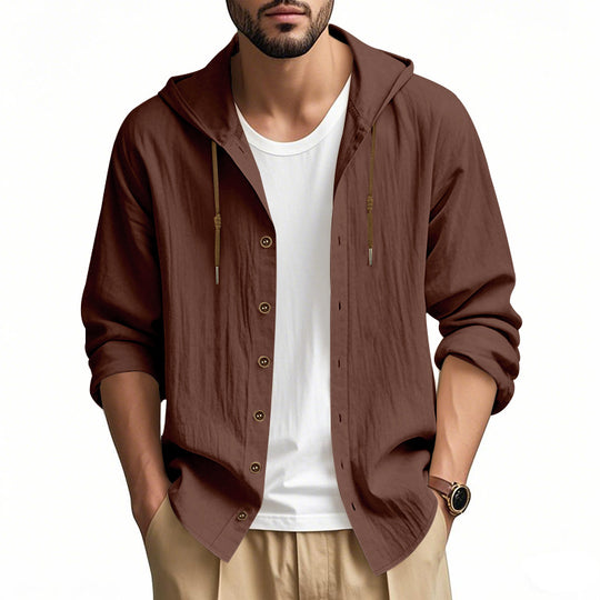 Herren nan leichtes Kapuzenhemdjacke aus Leinenoptik mit durchgehender Knopfleiste EB