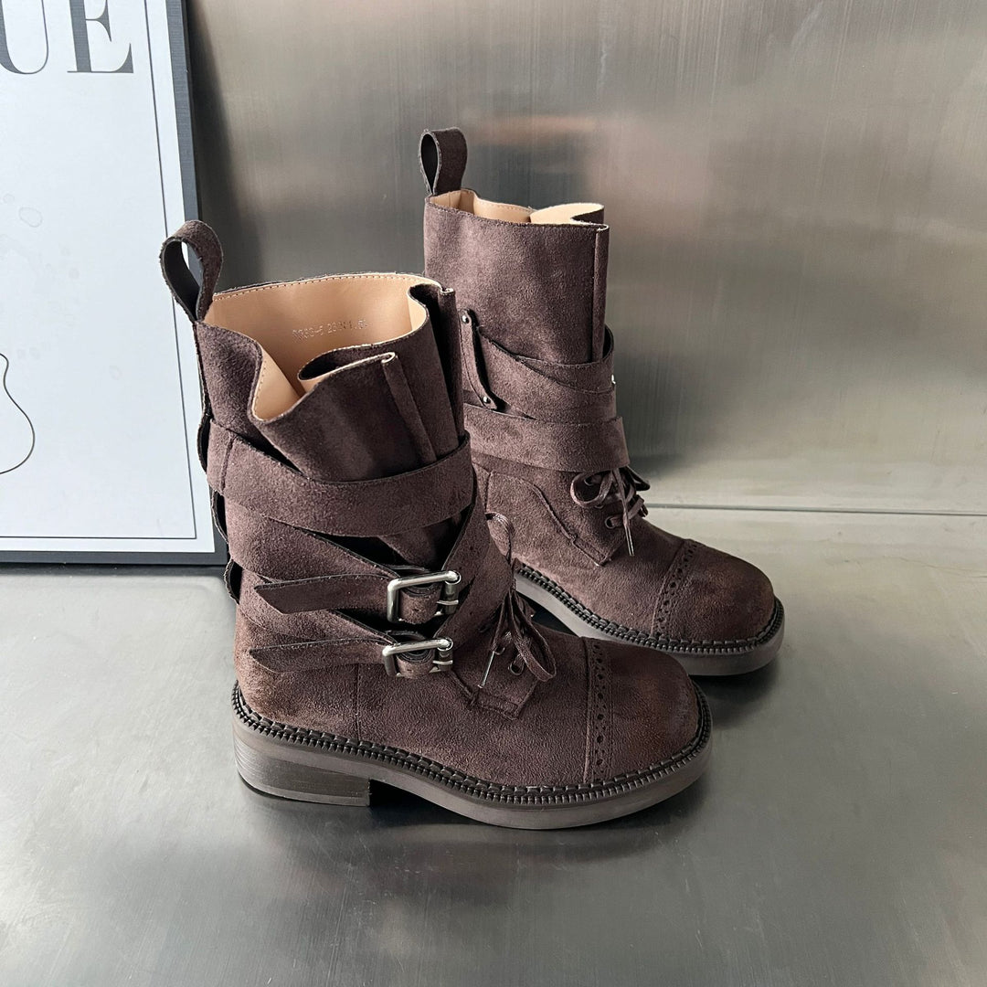 Damen elegante Stiefel mit modischen Schnallen und verstellbaren Riemen EB
