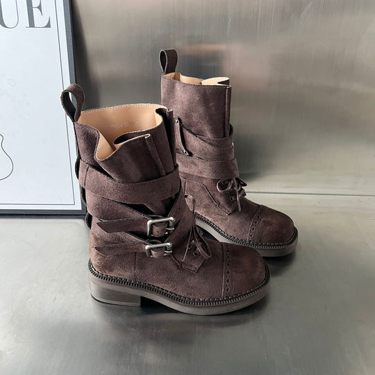 Damen elegante Stiefel mit modischen Schnallen und verstellbaren Riemen EB