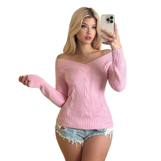 Damen Off-Shoulder Strickpullover mit Zopfmuster EB