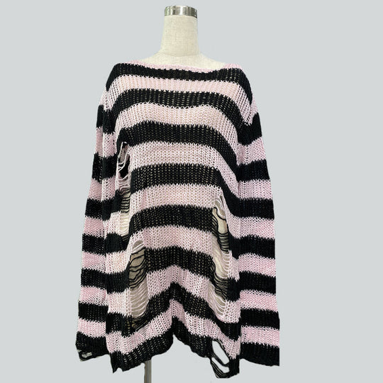 Damen nan Oversized Grobstrickpullover mit breiten Blockstreifen und aufgerissenem Design EB
