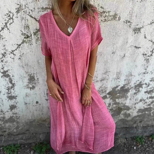 Damen lässiges Maxikleid aus leichtem Stoff mit V-Ausschnitt und kurzem Arm EB