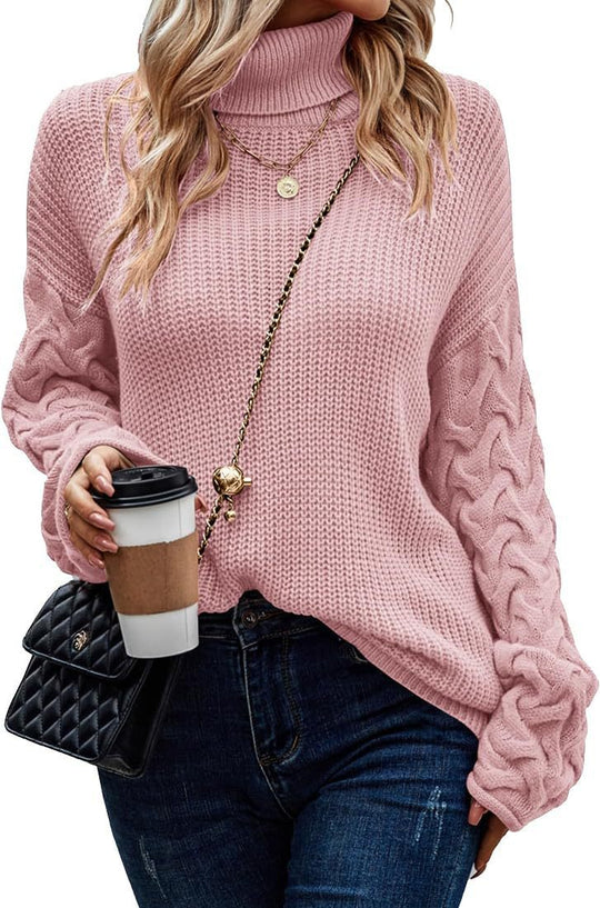 Damen Grobstrickpullover mit modernem Zopfdesign und hohem Kragen EB
