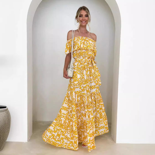 Damen Off-Shoulder Maxikleid mit voluminösem Rüschendesign und elastischem Taillenbund EB