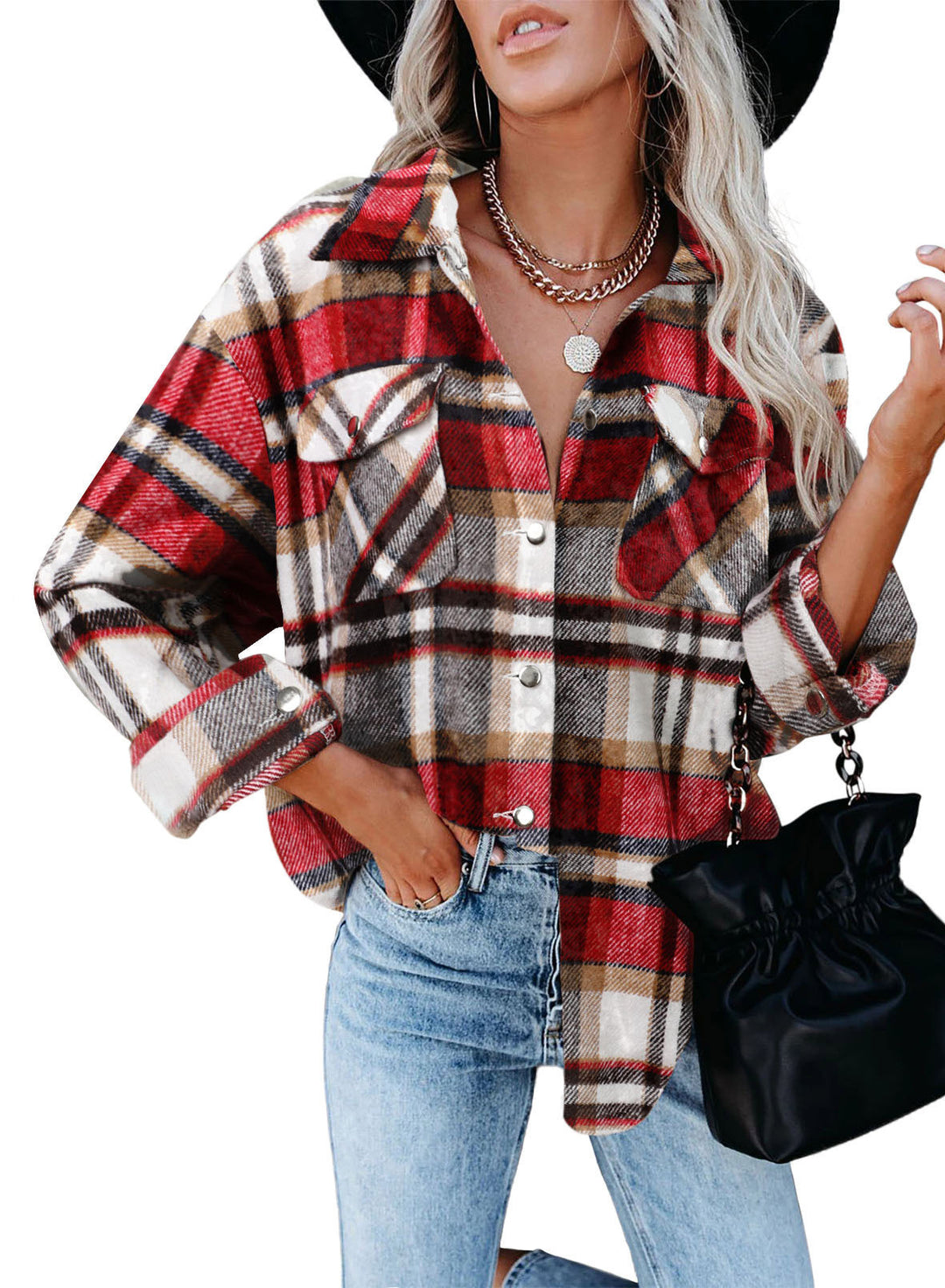 Damen Karo-Hemdenjacke im Oversized-Stil mit Druckknopfverschluss EB