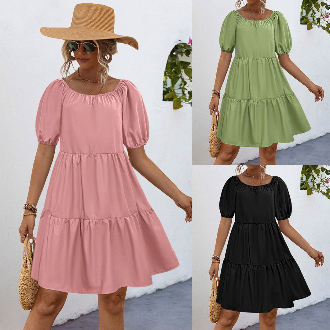 Damen Freizeitkleid mit voluminösen Puffärmeln und schwingendem Rock EB